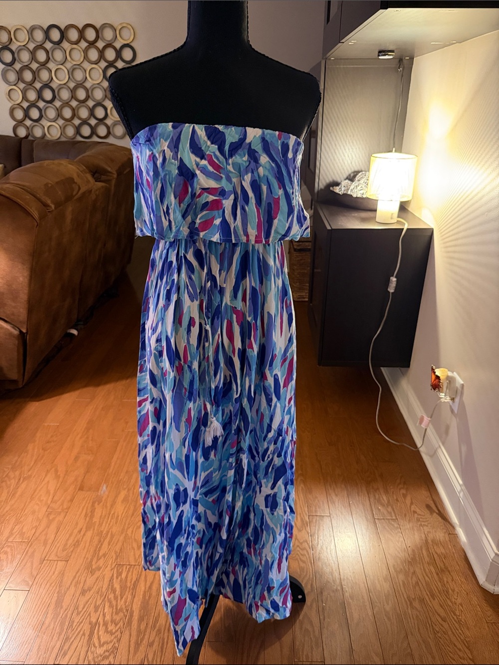 Strapless Blue Multi-Color Maxi Dress XS